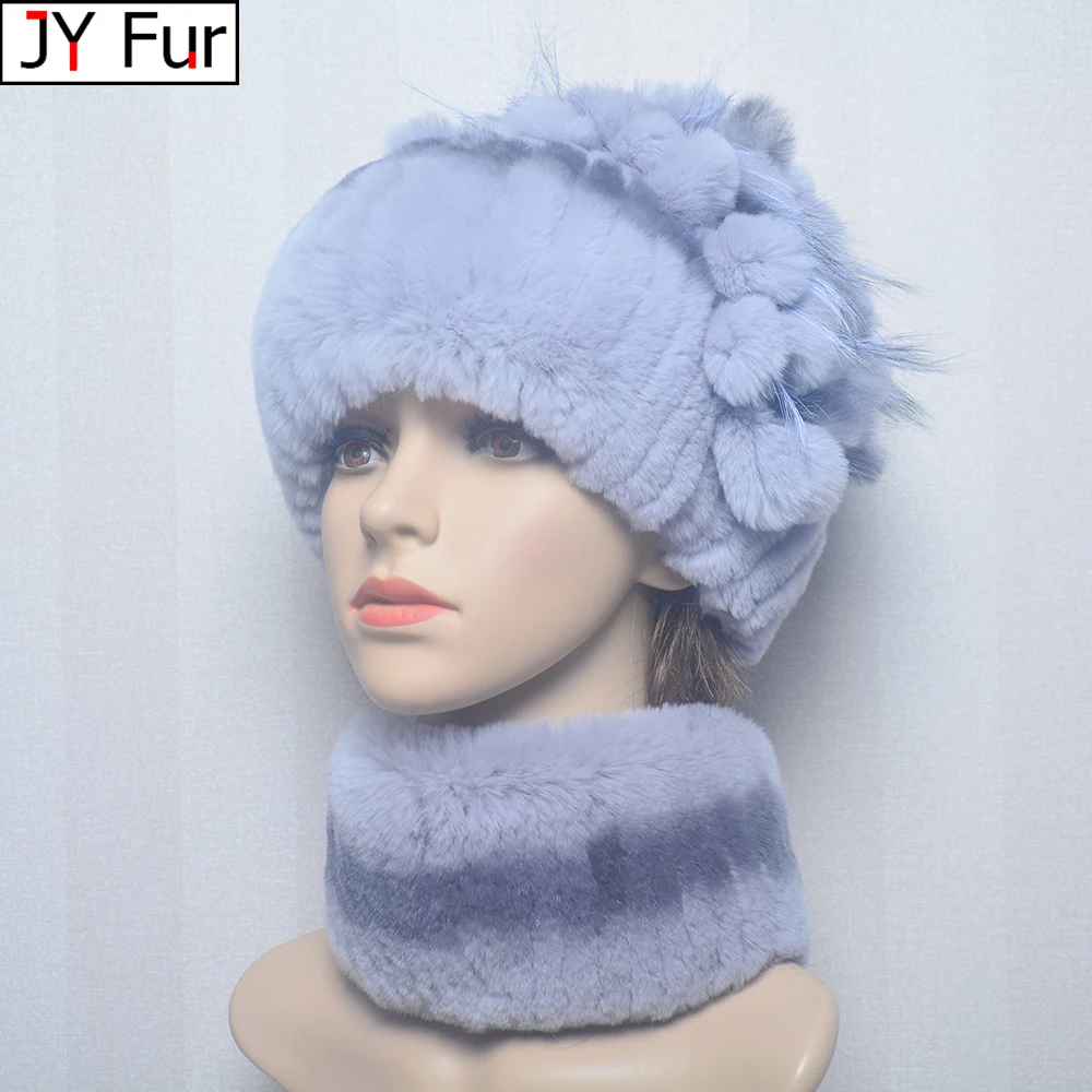 

New Style Women Warm Rex Rabbit Fur Hat Scarf Sets Winter Lady Knit Fur Hats Muffler 2 Pieces Natural Rex Rabbit Fur Cap Scarves