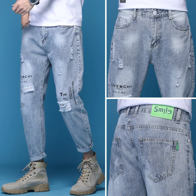 Yırtık kot erkek yaz ince Trendy Retro yıkanmış sıkıntılı gevşek elastik yönlü açık mavi Denim pantolon