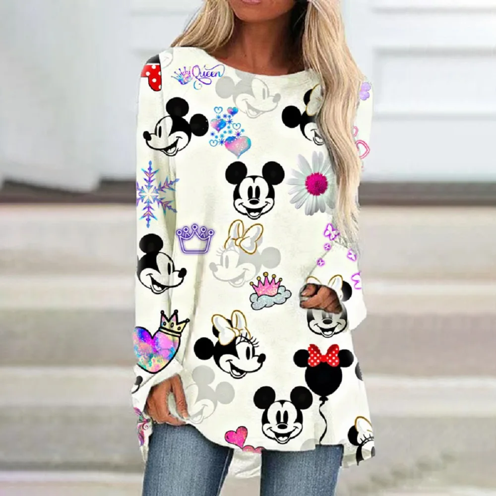 

2024 Autumn Hot Sale New Mickey Minnie Cartoon Women's Round Neck Loose Long Sleeve Pullover T-shirt Versatile Casual Top y2k