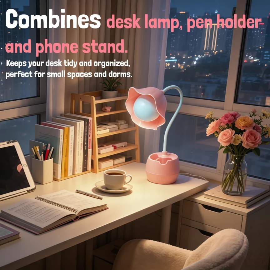 Cute Pink Flower Desk Lamp 3 in 1 Eye Protection LED Table Lamp with Pen Holder Phone Stand Rechargeable Plug-in Night Light