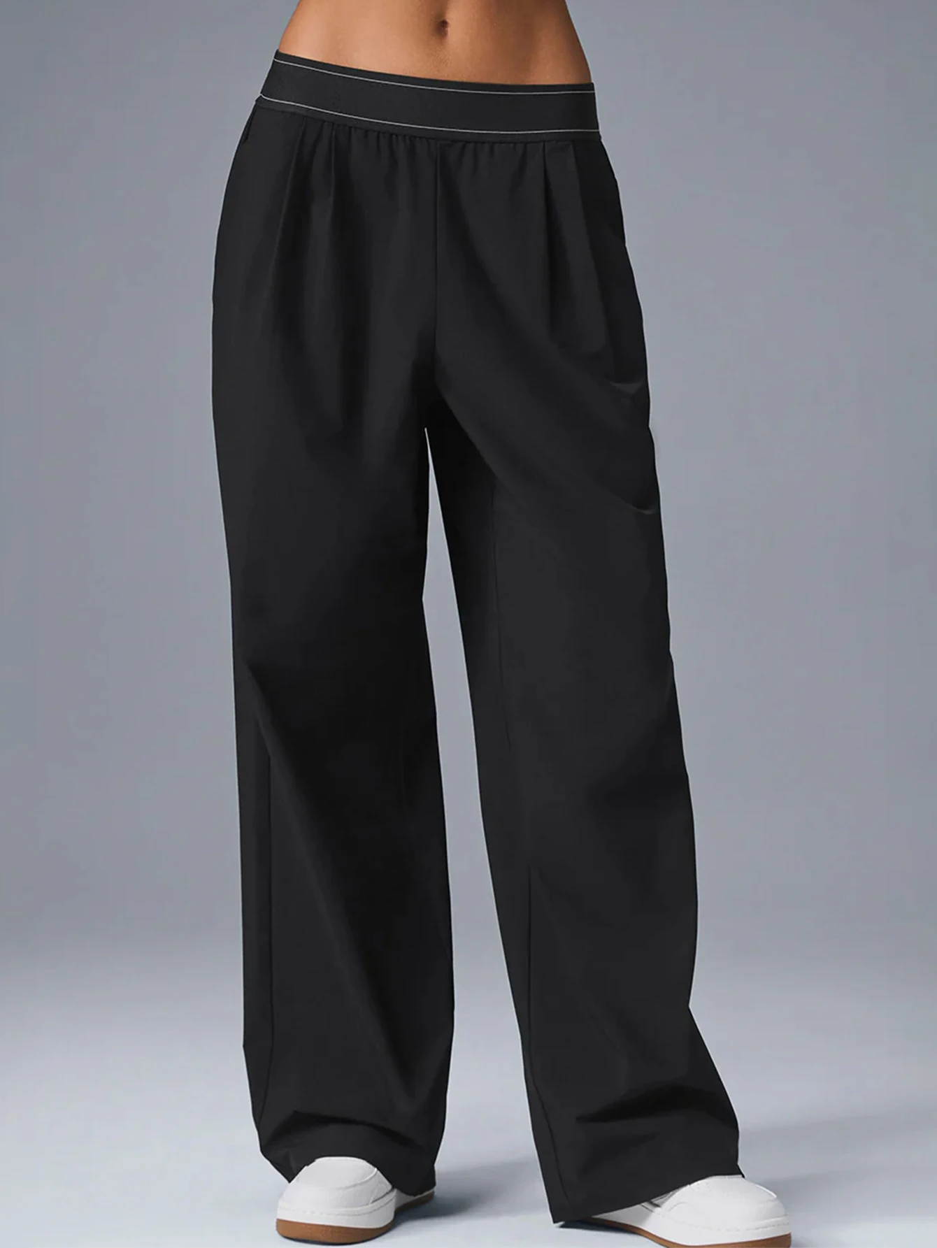 Damen Leichte Schnelltrocknende Weite Sporthose Elastische Hochbund-Faltenhose mit Taschen Locker Sitzende Trainingshose – Detail 4