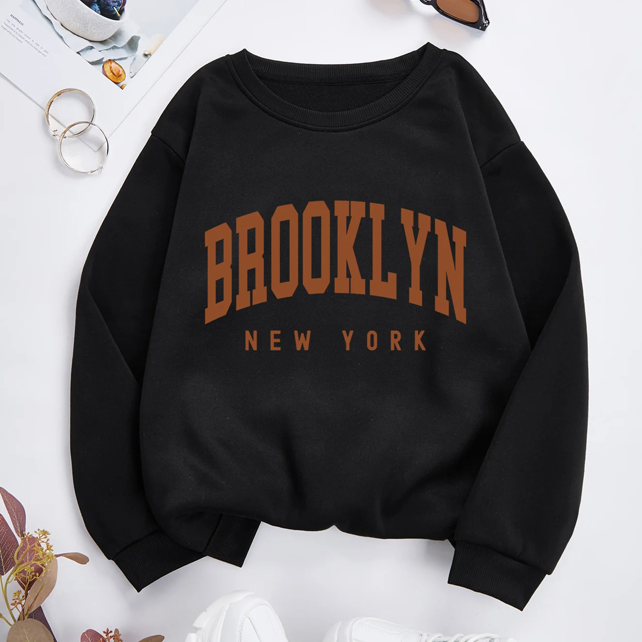 Brooklyn  New York Autumn Winter Warm Women Fashion Letter Print Sweatshirts Round Neck Sweatshirt