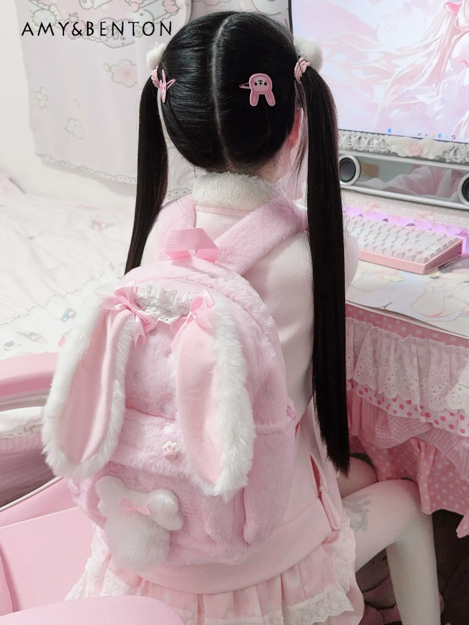 

Красивый милый розовый рюкзак с заячьими ушками и бантом, плюшевый, на молнии, большой вместимости, в японском стиле Лолита, школьная сумка