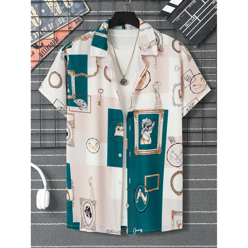 

Geometry Pattern Hawaiian Shirts For Men Colorful Splicing 3D Printed Tees Summer Loose Aloha Shirts Lapel Short Sleeve Blouses