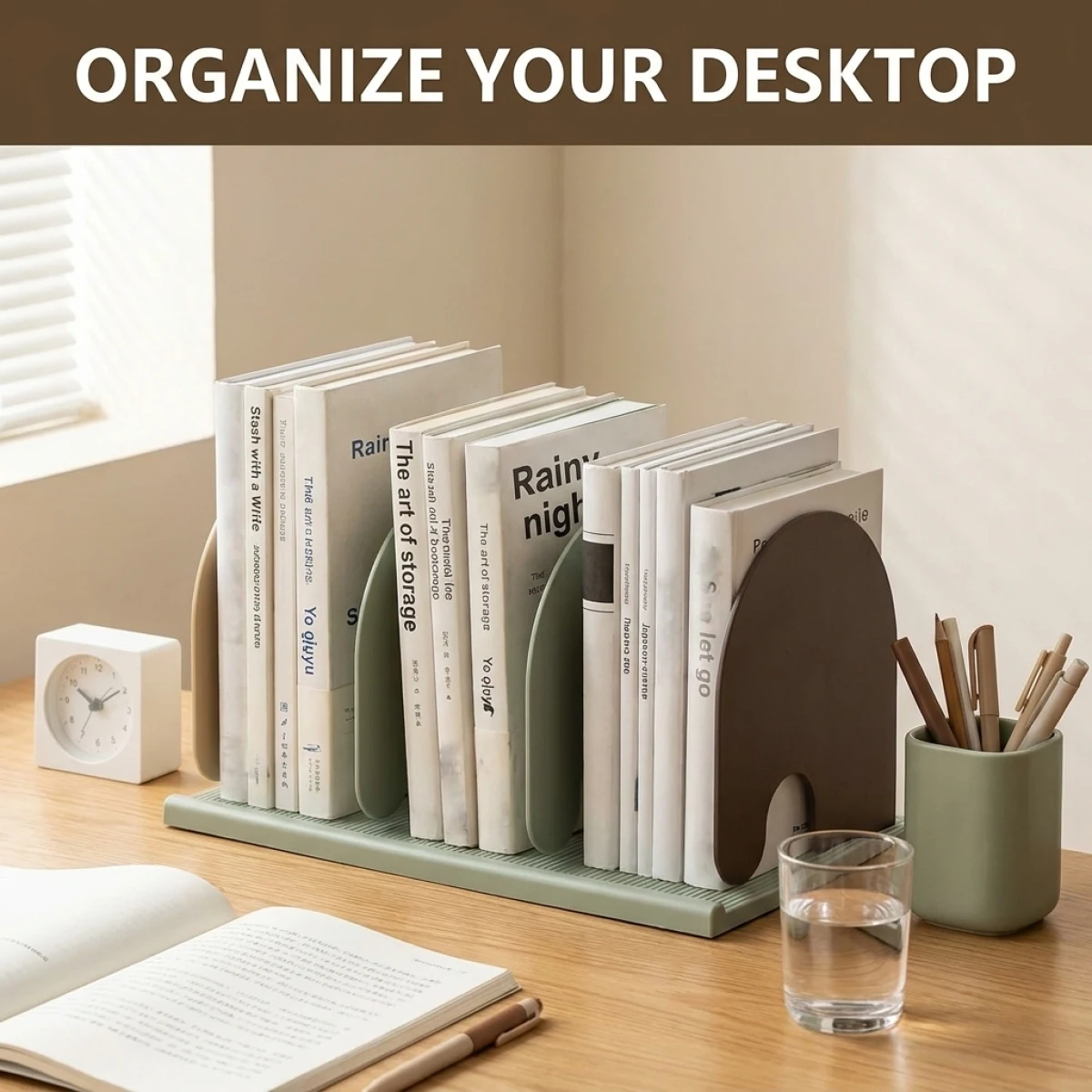 

Creative Slash Design Metal Bookshelf, Freely Adjustable Width, Anti-Tip Stable Bookend, Desk Organizer for Study