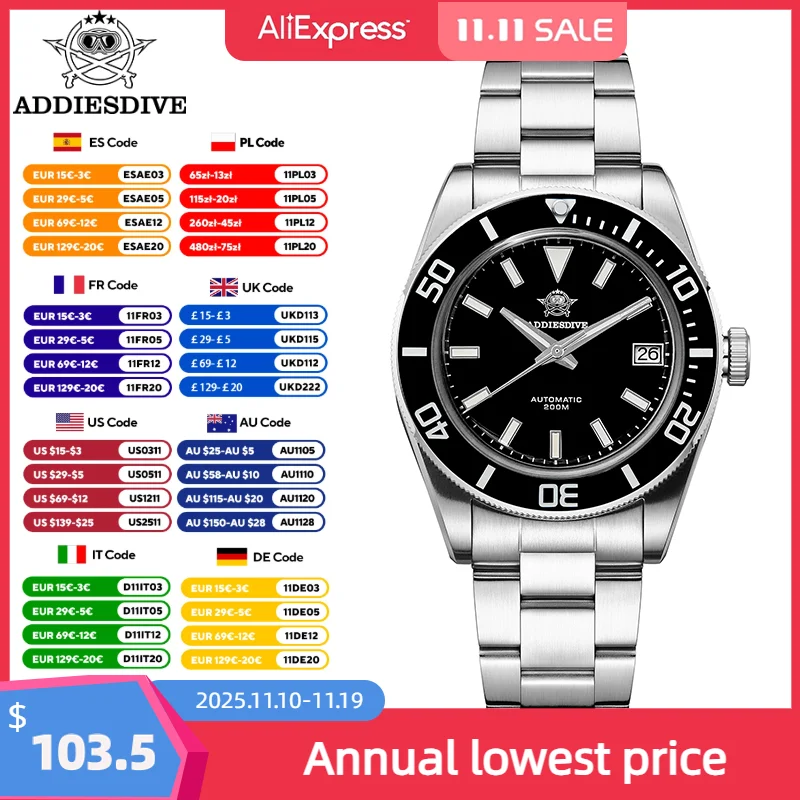 Addiesdive relógio automático masculino de alta qualidade 39mm safira cerâmica moldura 20bar relógio de mergulho luxo nh35 relógio mecânico luminoso