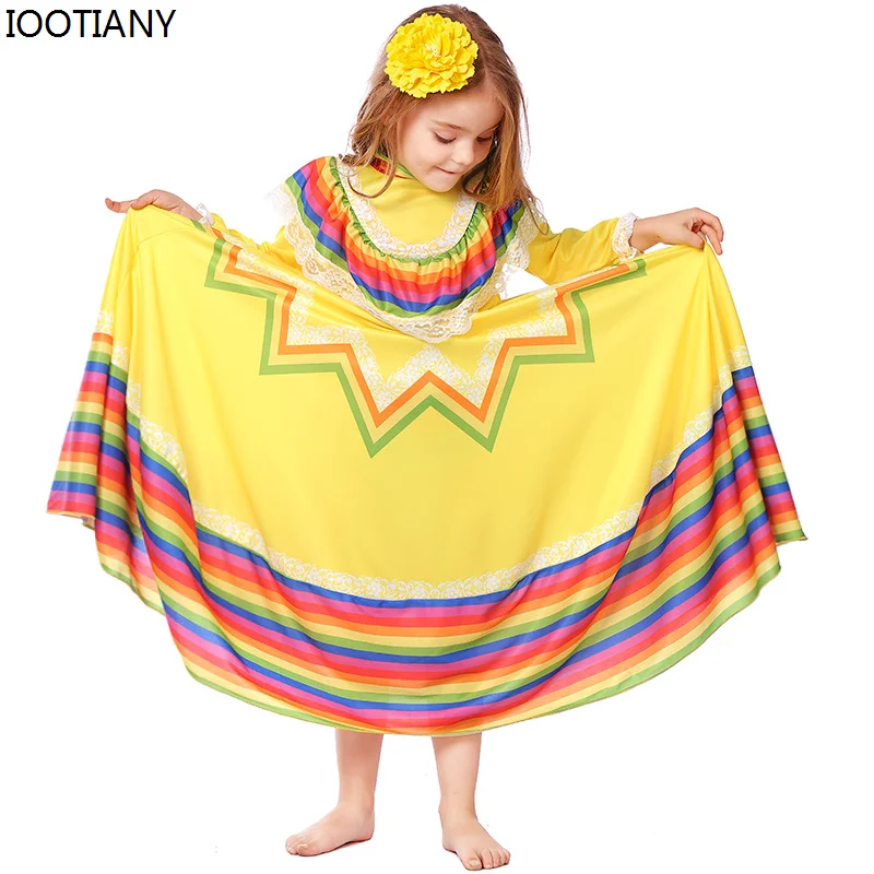 New Spanish National Ethnic Dance Dress Traditional Mexican Folk Dancer Colorful Long Dresses For Kid Carnival Large Hem Costume