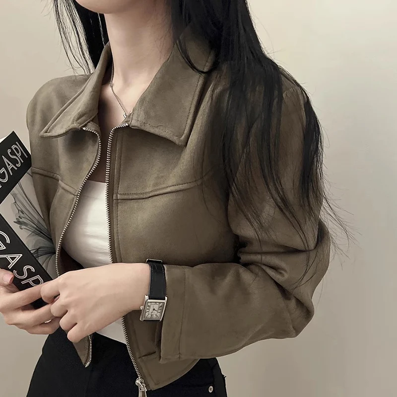 Chaqueta Corta de Cuero y Terciopelo de Manga Larga Estilo Retro Chic para Mujer, Corte Hoado, Cuello con Cremallera, Prend...