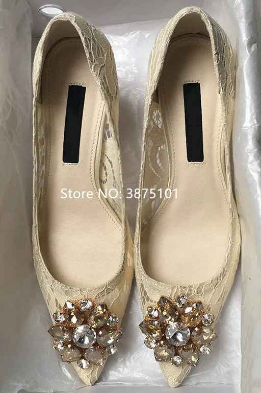 Brand Lace Diamond Sandals Floral Pointed Toe 6cm 9cm Crystal Pumps Jeweled Bridal Wedding Shoes Slip-on High Heels