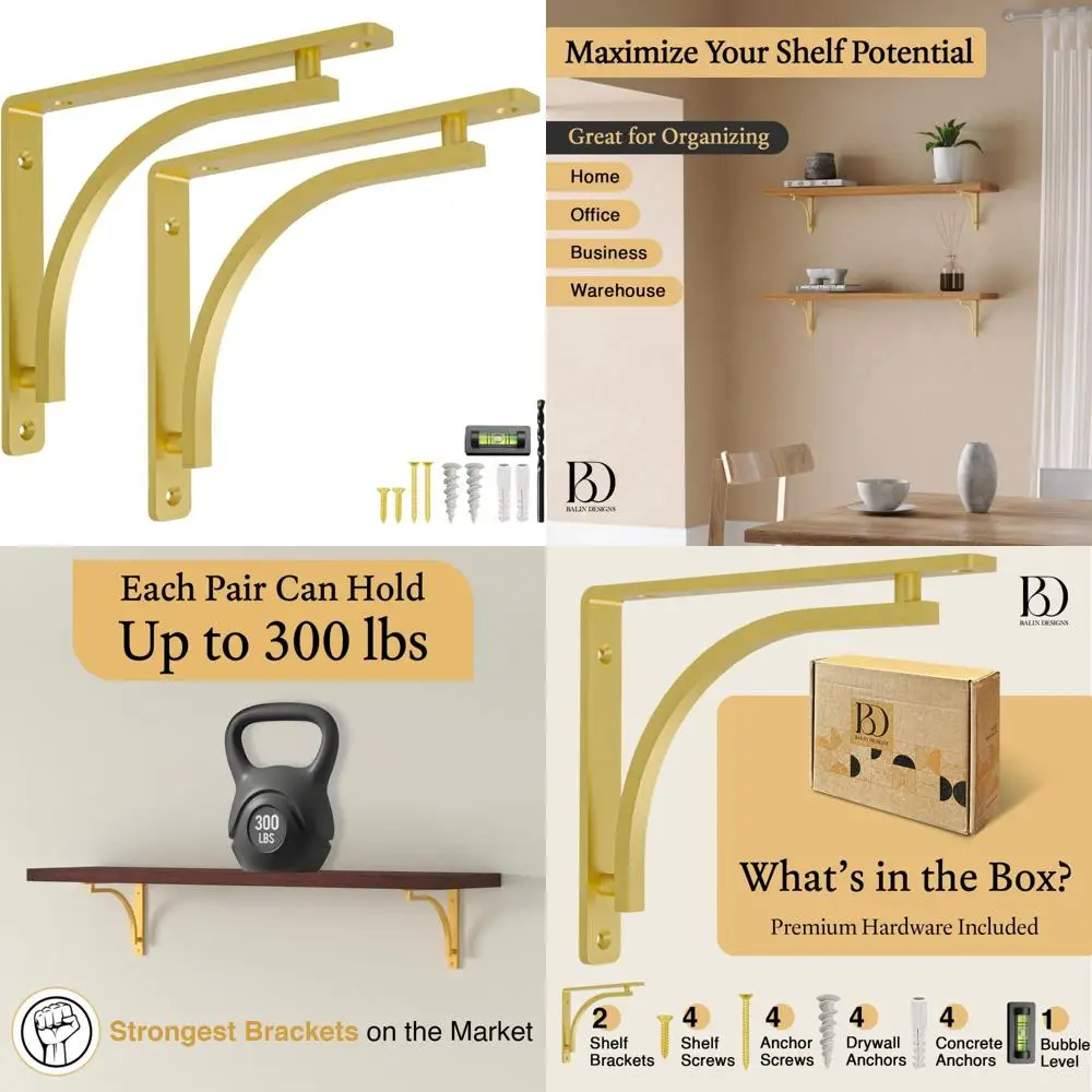 

Heavy Duty 12 Inch Gold Brass Wall Mounted Shelf Brackets - Metal L Brackets for Support and Shelving