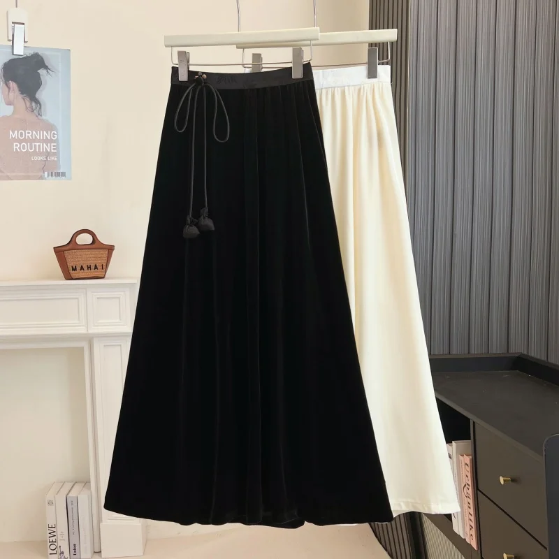 New Chinese Style Autumn Heavy Work Velvet Tassel Pendant Women's Skirt Ethnic Style Drapey Classy Lady Half-length Skirt