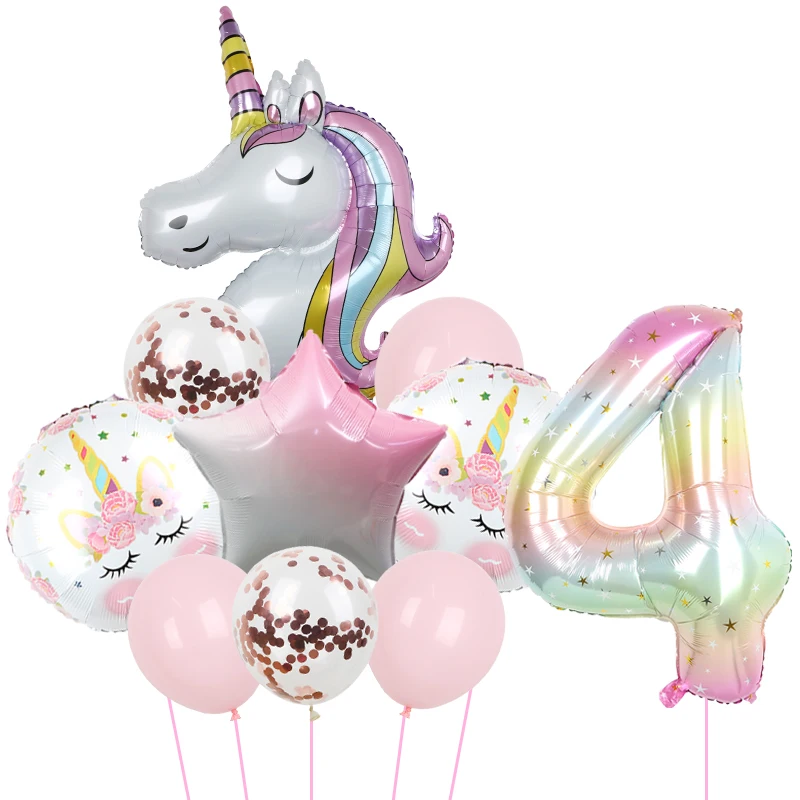 10pcs/set Rainbow Unicorn Party Balloons 40inch Gradient Color Digital Foil Balloons for Child Birthday Party Baby Shower Decor