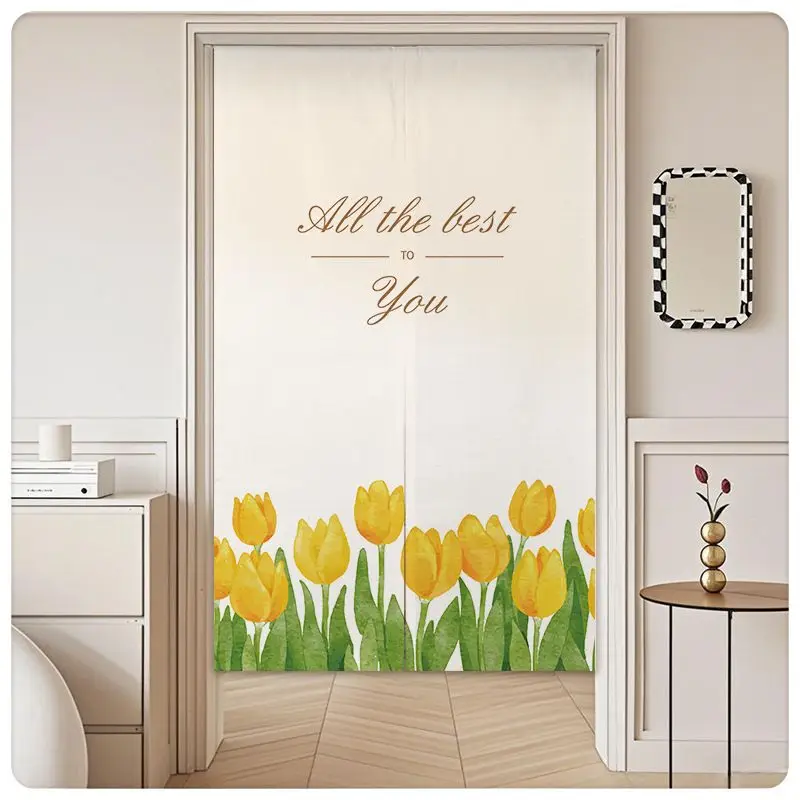 VIKAMA Nordic Door Curtain Watercolor Yellow Tulip Glass Vase Print Half Curtain Room Divider Kitchen Bedroom Bathroom Living