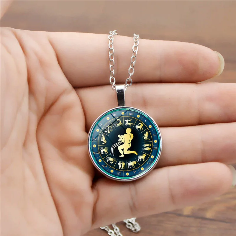 Vintage Glow In The Dark 12 Zodiac Sign Necklace For Women Time Gemstone Pendant Constellation Sweater Chain Daily Party Jewelry
