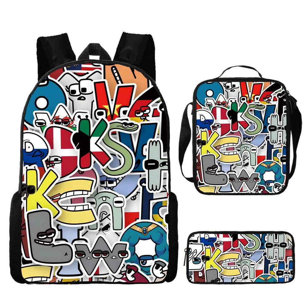 Alphabet Lore 3-Piece Boy and Girl Backpack Shoulder Bag Pencil Bag Boy and Girl School Backpack Best Gift