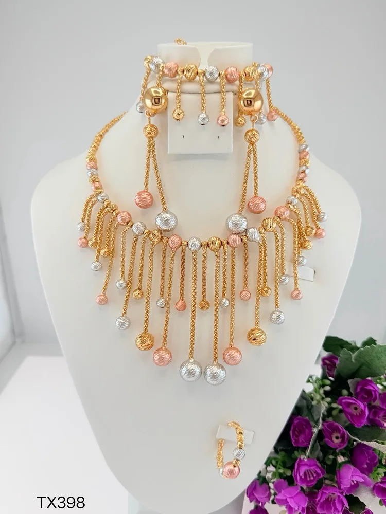 Luxury Fashionable Three Tone Beads Shape Jewelry Set Stunning Necklace Bracelet Earrings Ring 4PC Jewellery for Wedding Party