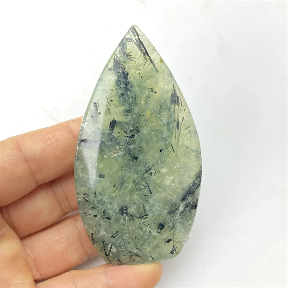 

Natural Green Prehnite Palm Crystal Ornaments Black Haired Tourmaline Free Form Torch Chakra Aura Home Decor