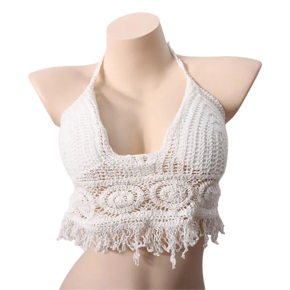 Summer Tassel Short Sleeveless Beachwear Bohemia Style Vest Knitted Bikinis Female Embroidery Camisole Women Crochet Swimsuit