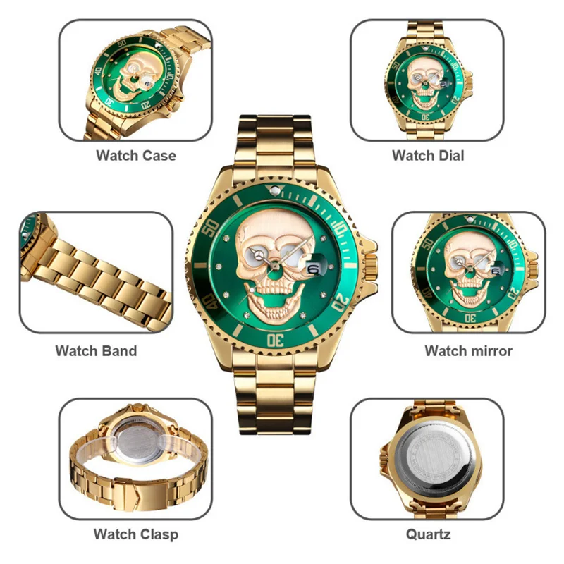 New Fashion Skull Watch Men Skeleton Luxury Stainless Steel Luminous Waterproof Quartz Wristwatches Male Clock Relogio Masculino