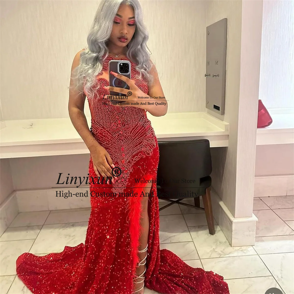 Robe de bal de forme sirène, diamants de luxe, strass en cristal, paillettes, plumes, Robe de fête d'anniversaire, robes de mariée personnalisées