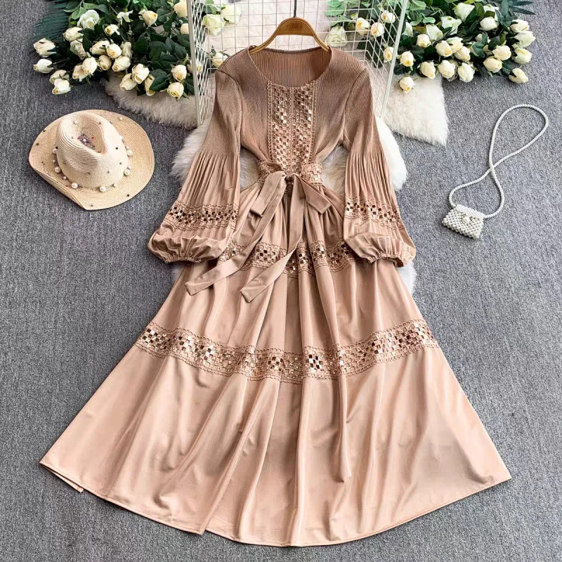 n Sle المطرزة الدانتيل جوفاء الترتر مطوي ريكان الدكتور المرأة عالية الخصر ألف خط تنورة طويلة Sve الاستخدام العالمي