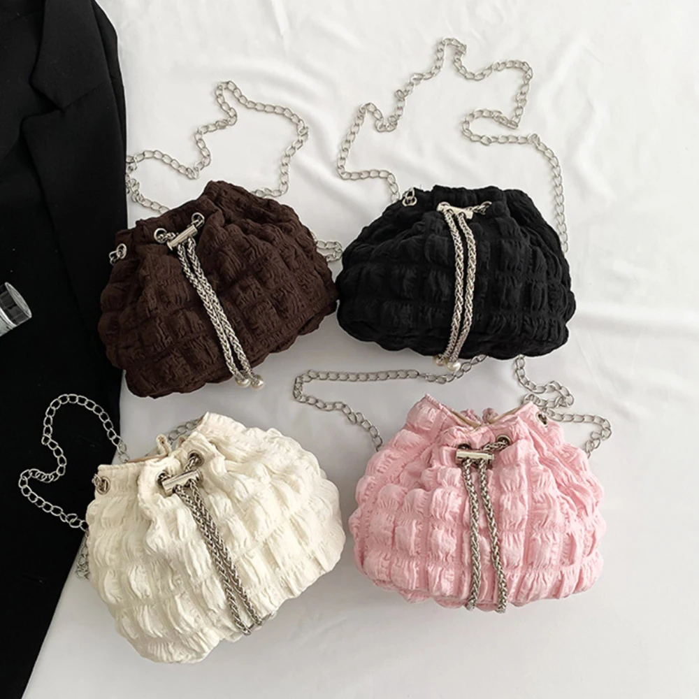 Bubbles Chic Hobo Bag Women's Pleatd Chain Crossbody Bag Solid Casual Small Bucket Bags High-end Clutch Purse Designer Bag