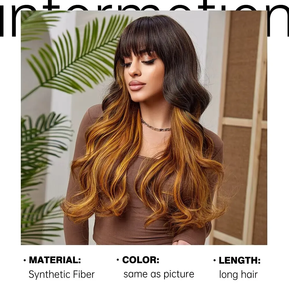 

Long Wavy Brown & Golden Blend Wig - Synthetic with Bangs for Daily Wear