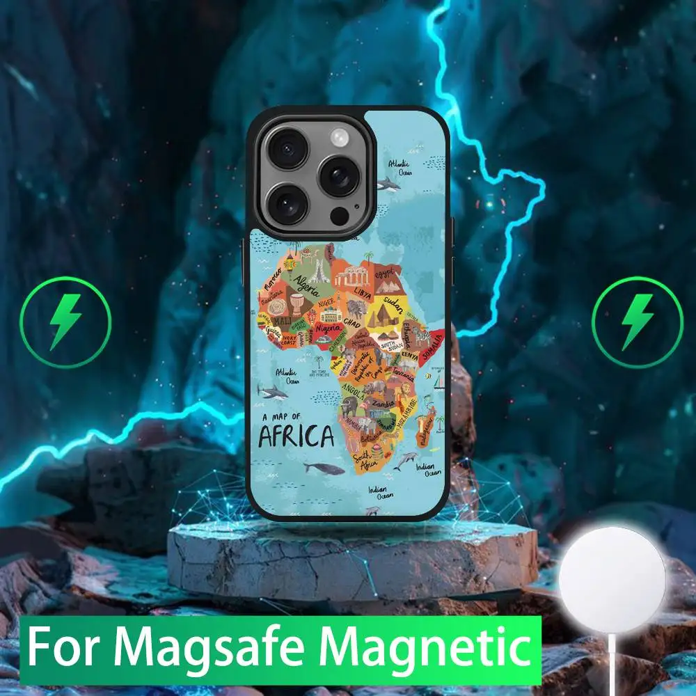 حافظة هاتف Geogra لخريطة أفريقيا لهواتف iPhone 16,15,14,13,12,11,Pro,Max,Plus,Mini,SE شحن لاسلكي مغناطيسي جديد من Magsafe