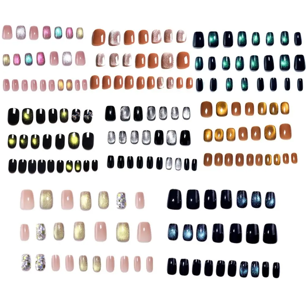 24 個再利用可能なキャットアイプレス爪グリッターショート偽爪フルカバー人工爪 DIY マニキュアアート