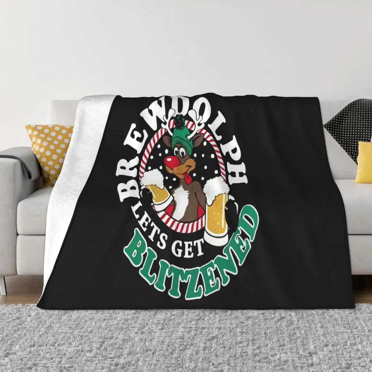 Brewdolph Lets Get Blitzened Drunk Rudolph Adult Swag 3D Spring Gift Rock Boy Cartoon Character Breathable Throw Blanket