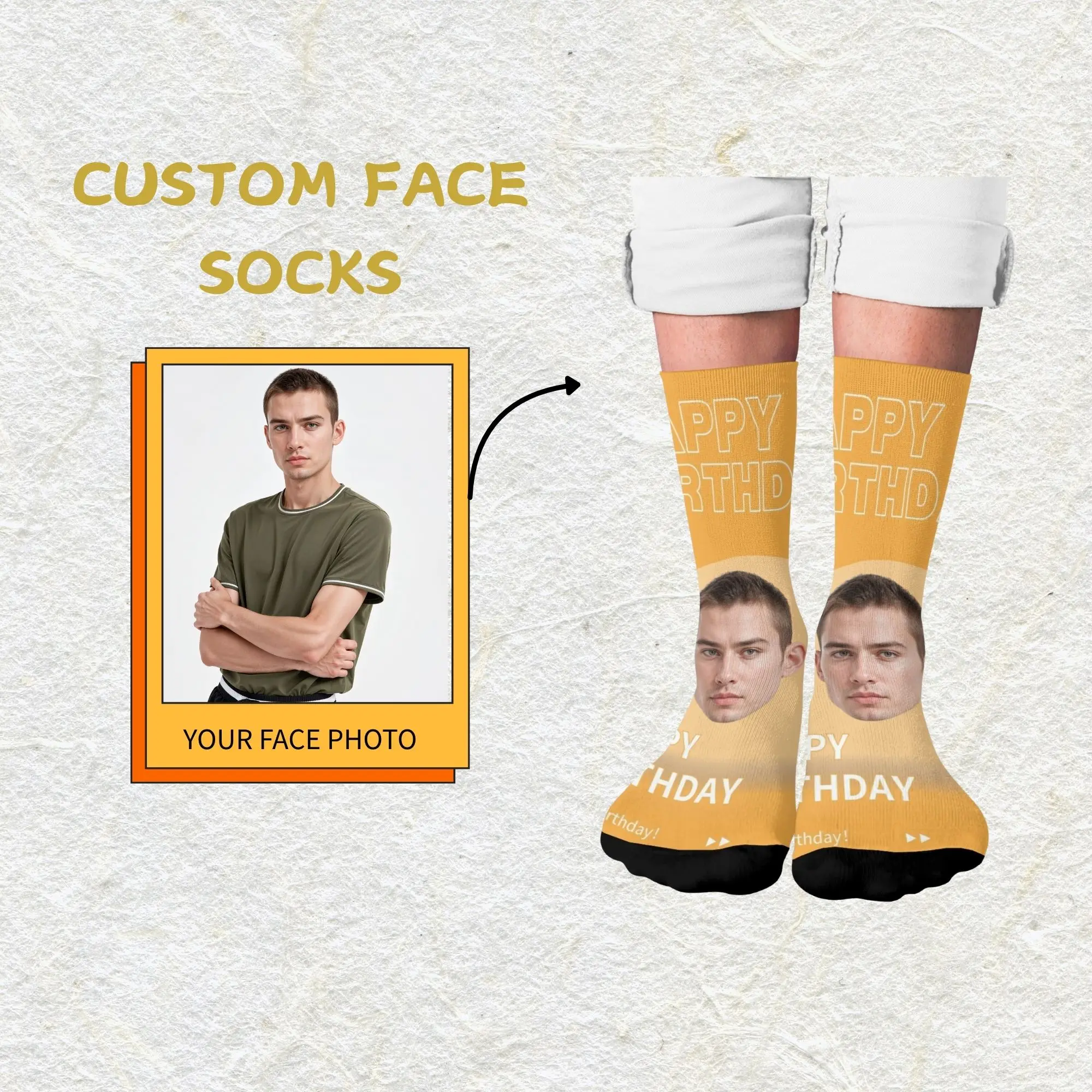 

Happy Birthday Poster Style Custom Face Socks Personalized Photo Orange “HAPPY BIRTHDAY” Letter Print Ideal Gift for Family
