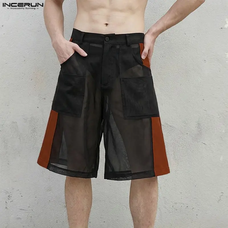 

Мужские шорты INCERUN, сетчатые, с прозрачными вставками, свободные джоггеры, мужские штаны, летние сексуальные модные шорты с цветовыми блоками для отпуска