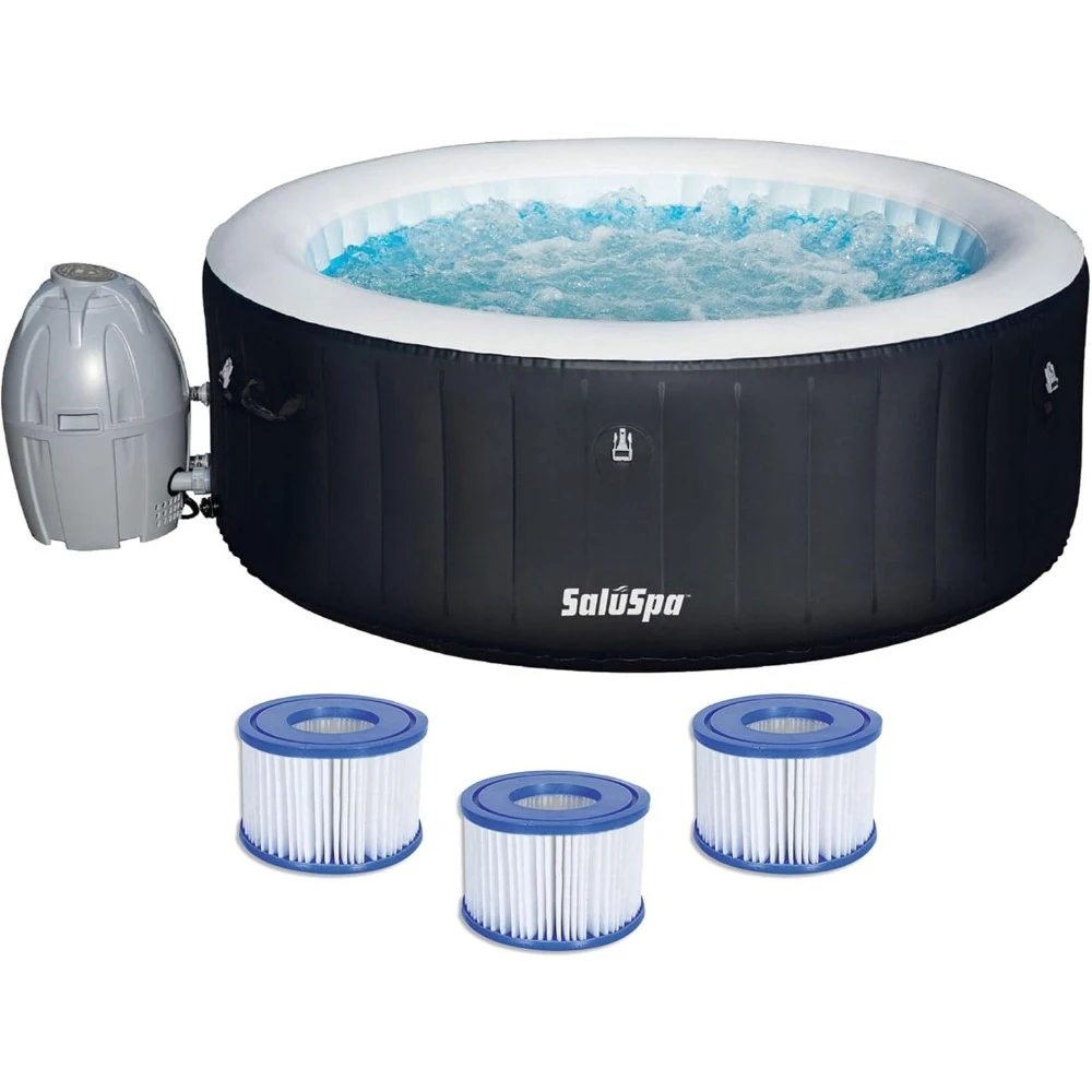 4 Person Capacity Inflatable Portable Round Hot Tub with 60 Air Jets, Tub Cover and Pump, Durable Thick Material