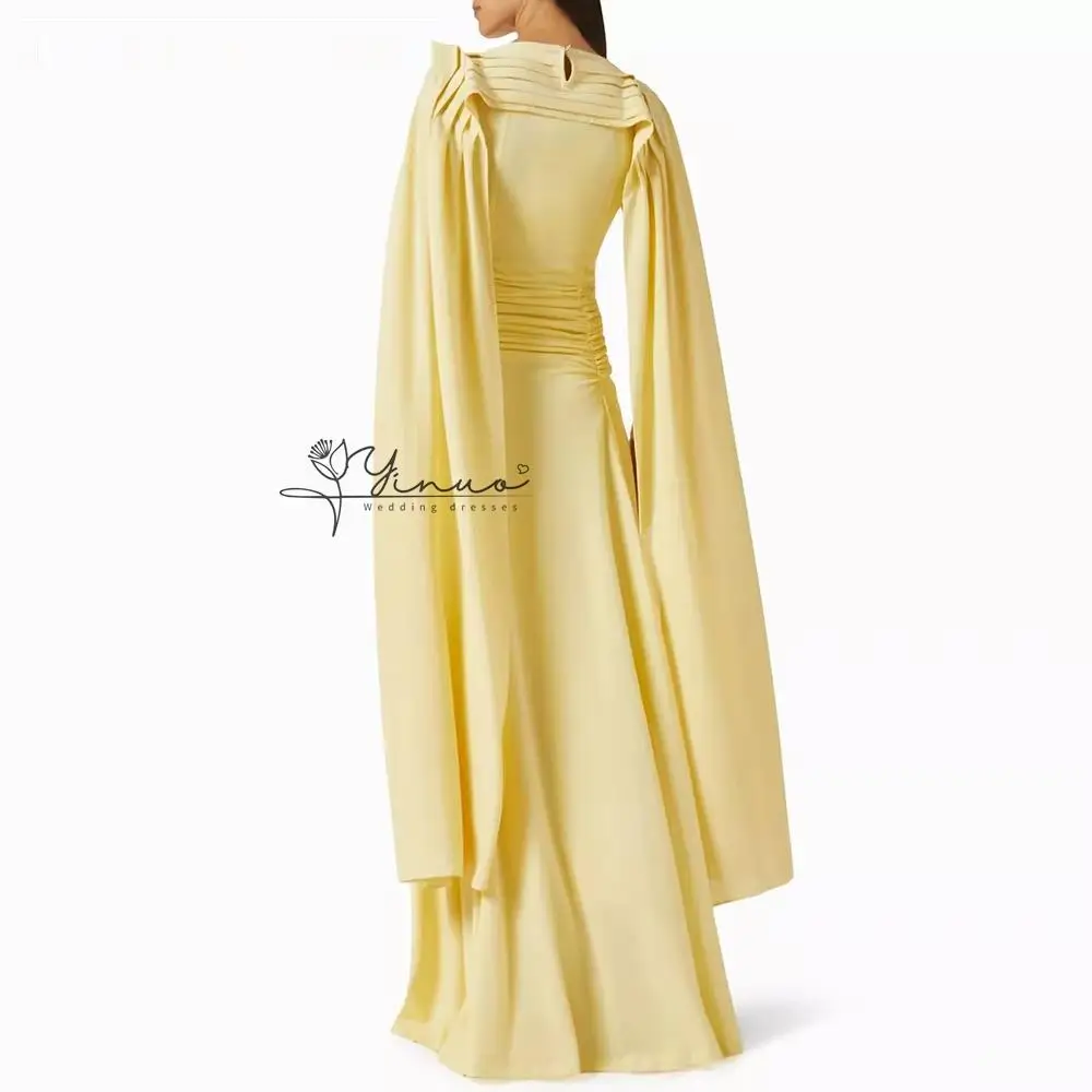 Customized  A-line Evening Dresses Floor-length Boat Neck Full Sleeve Prom Dresses Fashion Pleat Stole Simple Draped Customized