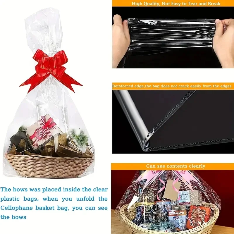 Bolsa grande de celofán transparente de 20/50 piezas con lazo para cesta y papel de regalo decoración navideña