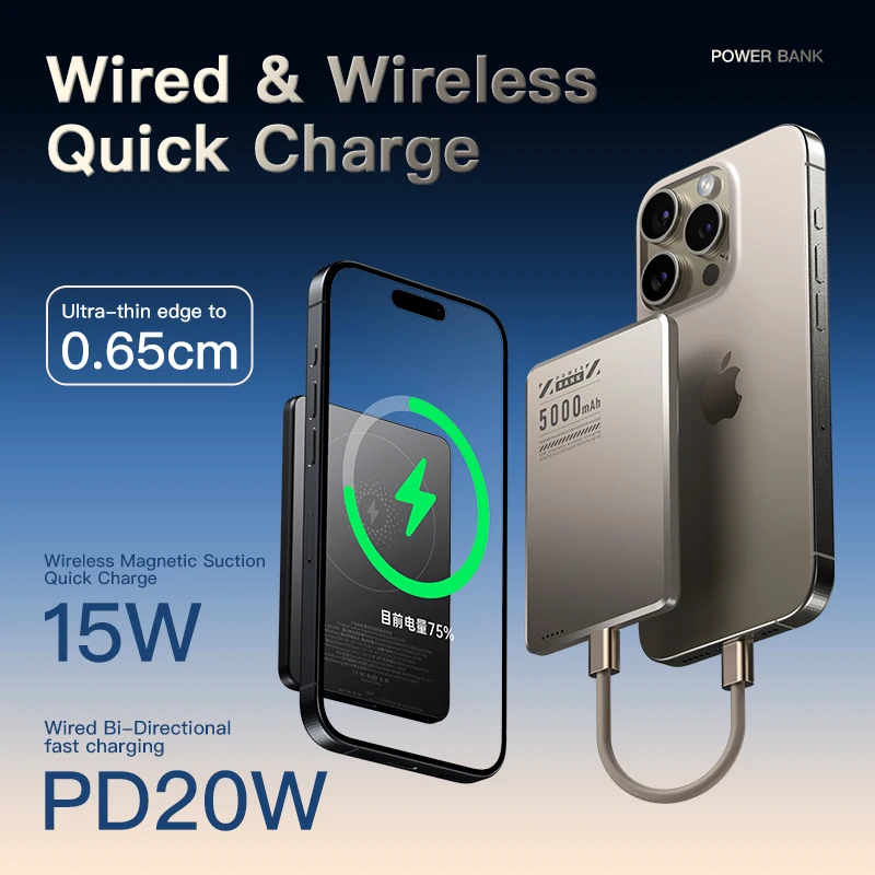 Metal ultra-thin PD 20W 10000mAh Thin Wireless Power Bank Magnetic Portable Fast Charging External Battery for iPhone16 15 14 13