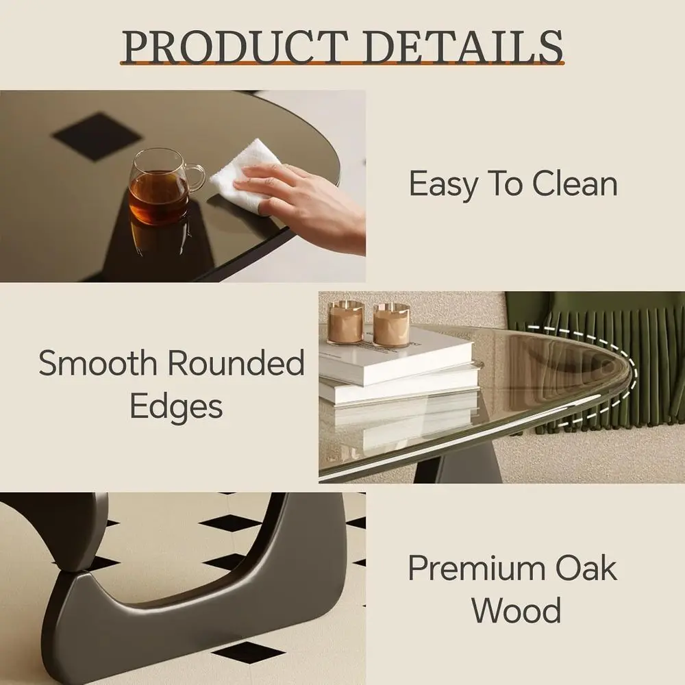 Mid-Century Modern Living Room Coffee Table with Clear Glass Top, Sleek Black Frame