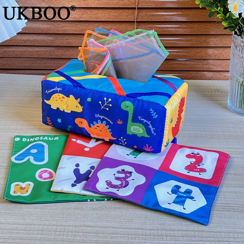 UKBOO Infant Toys Montessori Baby Tissue Box Soft Paper Toddler Finger Exercise Educational Learning Activity Sensory Plush Toy