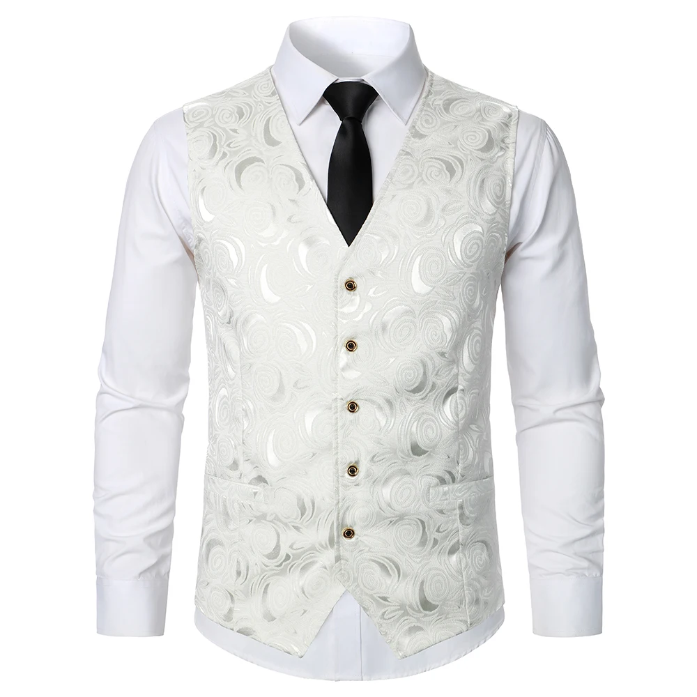 Chaleco de traje para hombre, abrigo de tela Jacquard brillante con patrón de rosas, diseño de lujo, informal, a la moda, ajustado