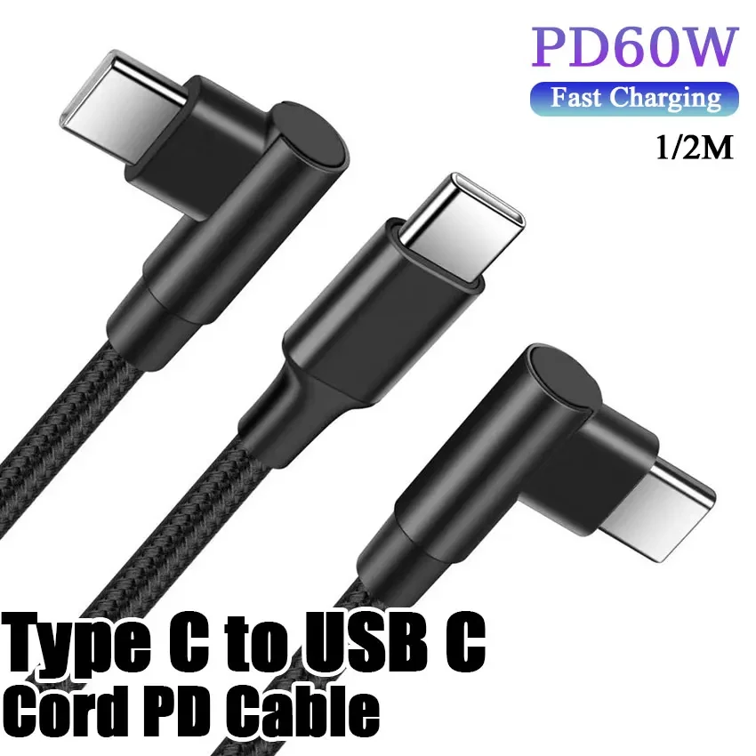 

1PCS 0.3M/1M/2M 60W USB Type C To USB C Cable 90 Degree Angle For Xiaomi Samsung Huawei Fast Charging Type-C Date Wire