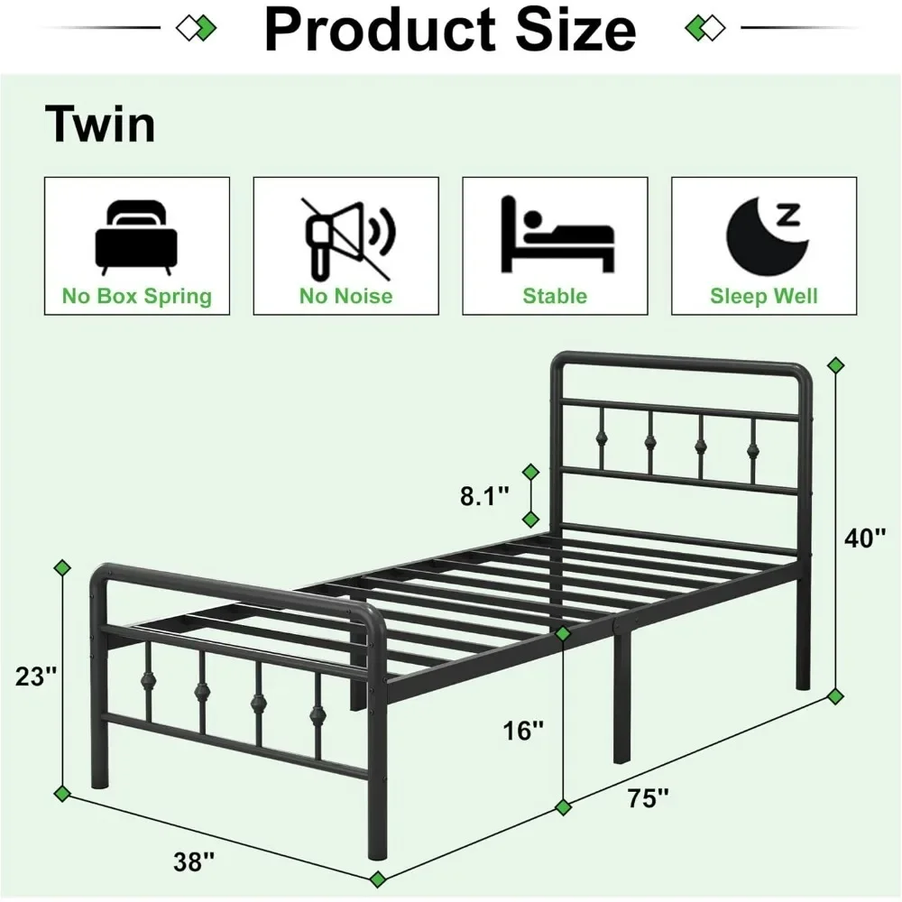 Twin Bed Frames with Headboard and Footboard, Heavy Duty Twin Platform Bed, Metal Slats Support Mattress Foundation