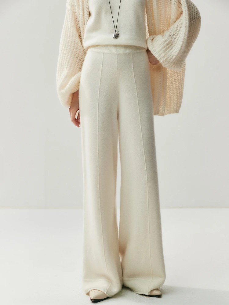 ADDONEE Women Autumn Winter 100% Cashmere Pants Wide Leg Pants Thick Warm Office Lady Cashmere Knitwear Middle Line Trousers