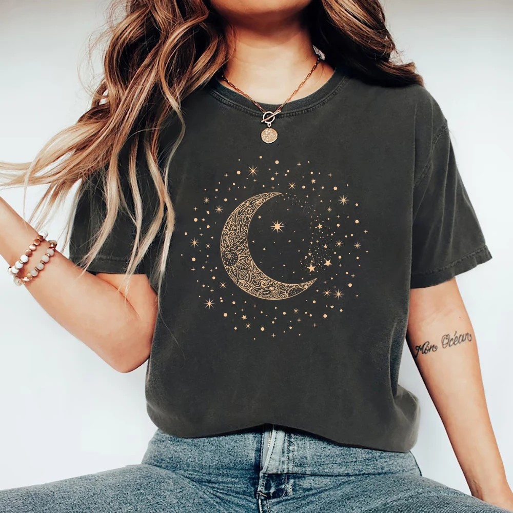 Mystic Moon Phase T-Shirt Lunar Crescent Graphic Tee Spiritual Astrology Top for Women Mystical Shirt Short Sleeve Gothic Tshirt