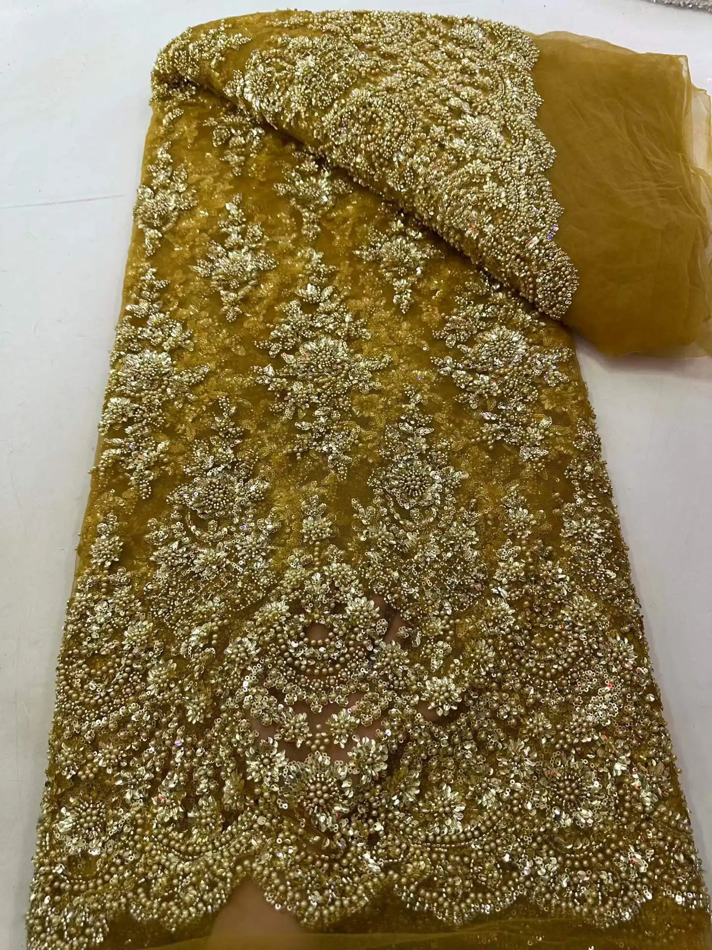 2026 Handmade Beaded Lace Fabric France Sequins Embroidery Beads Nigerian Bridal Mesh Lace Fabric for Party Dress Sewing 3368