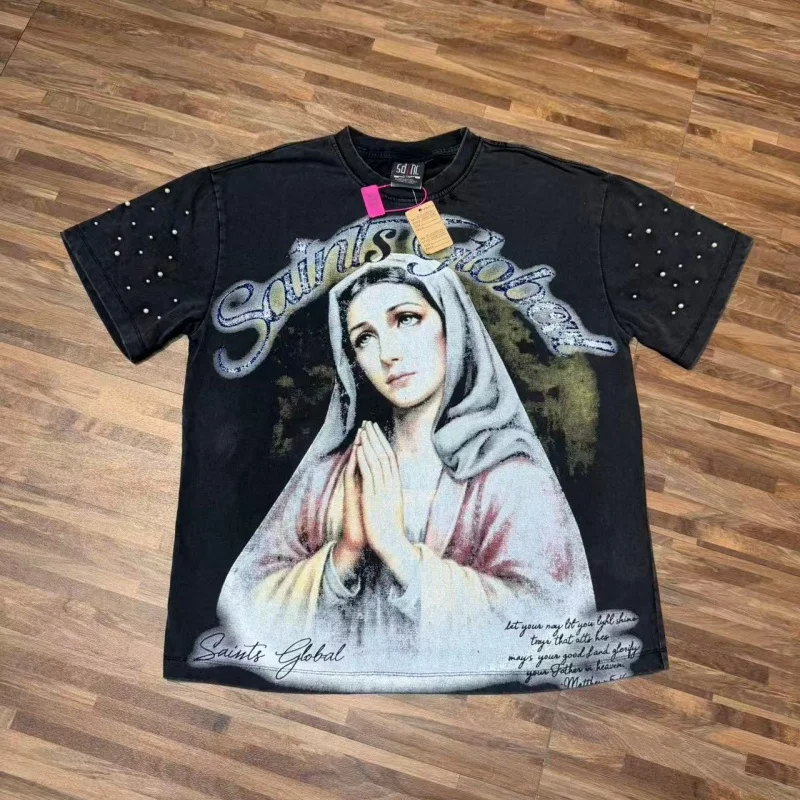 Vintage Saint Graphic T-Shirt  Blindfolded Angel Praying Print Y2K Streetwear Retro Washed Cotton Tee  Top For Men and Women