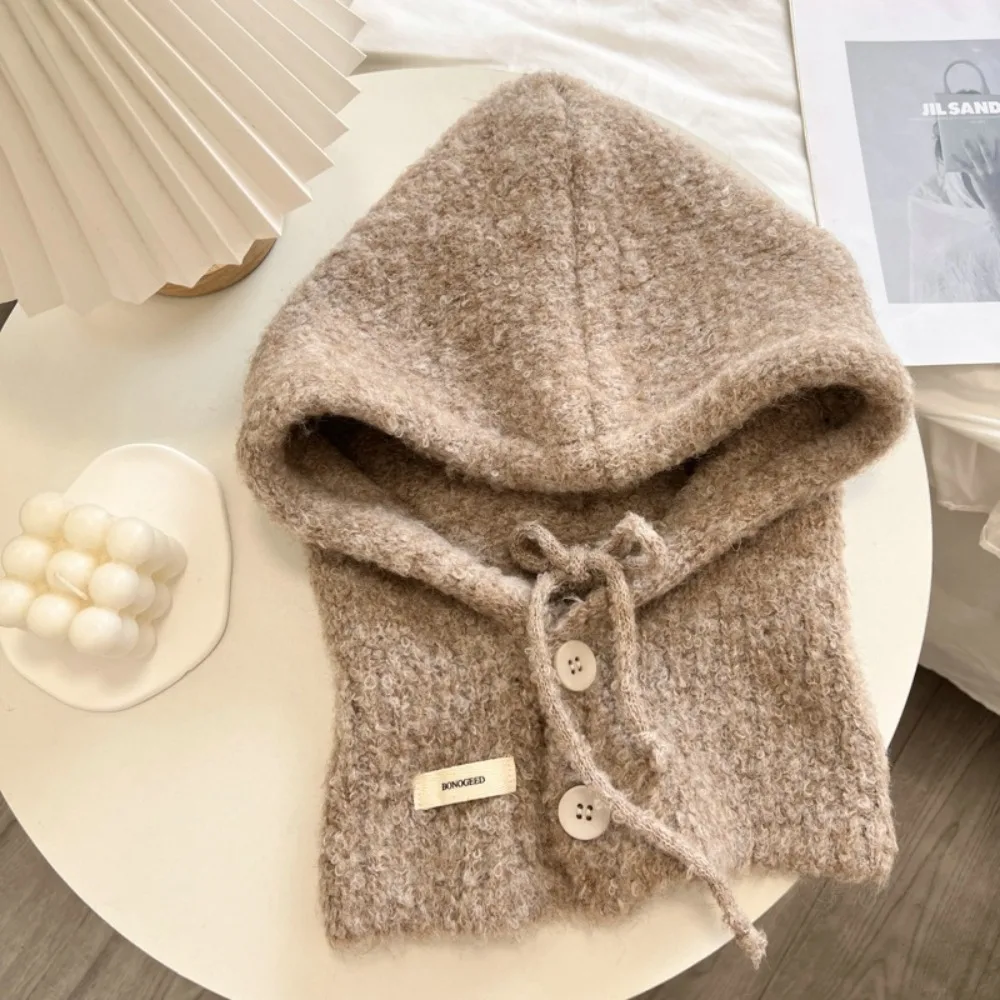 Fashion Thicken Knitted Balaclava Warm Soft Hooded Scarf Cap Drawstring Windproof Coldproof Neckerchief Hat Women Girl