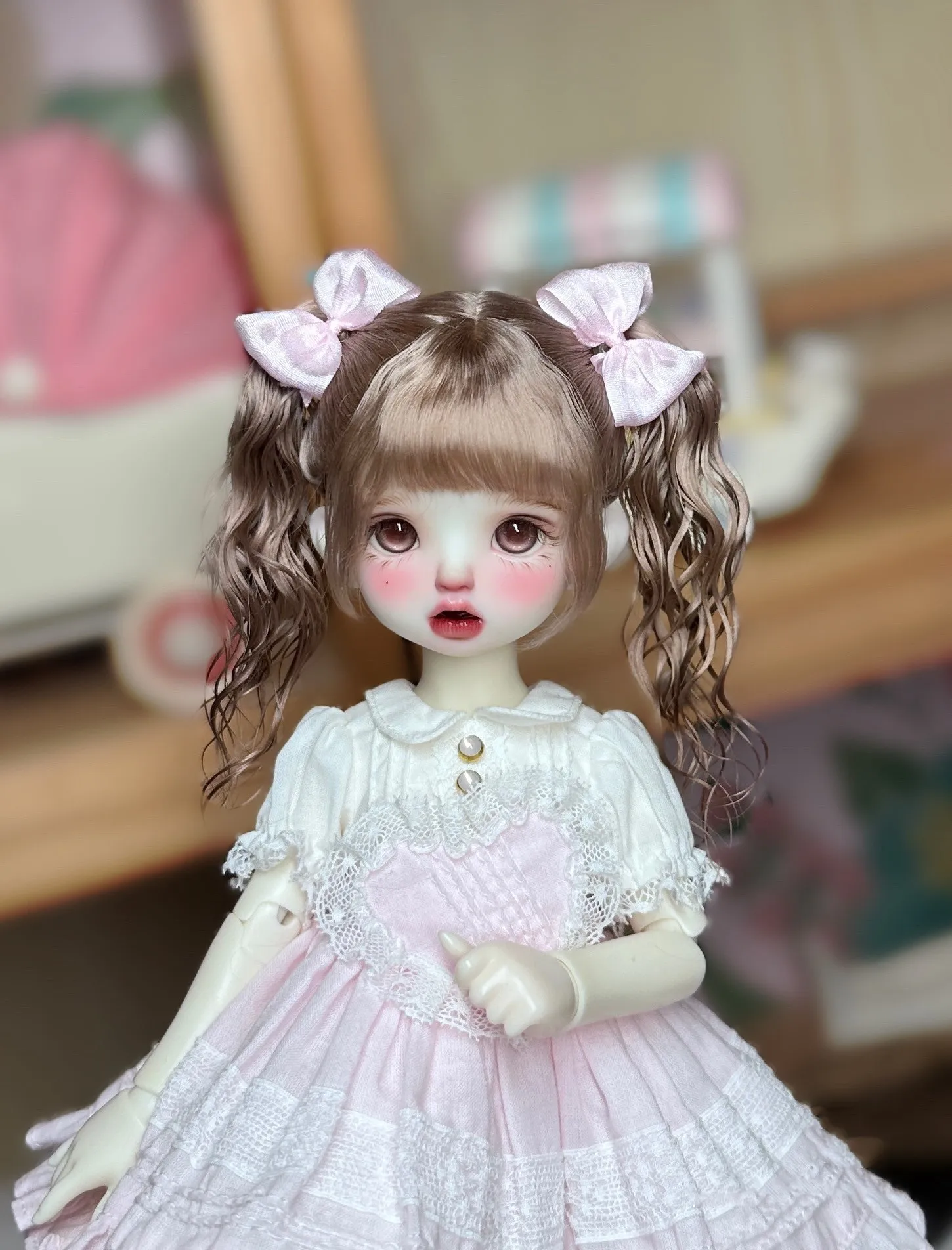 

Free Shipping 1/6 BJD Doll Styling Wig, High Double Ponytail Short Curly Mohair Hair