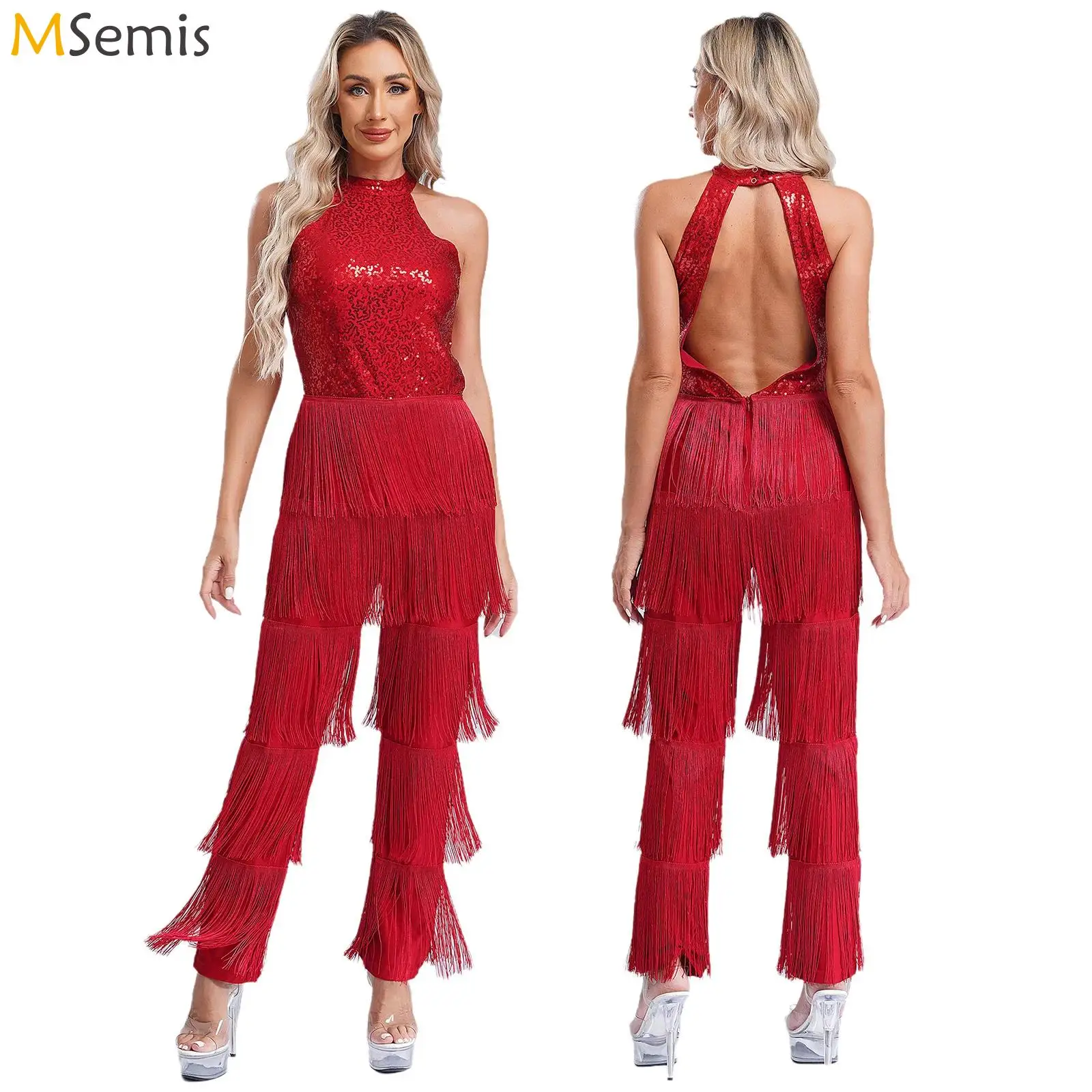 Sequins Tassel Dance Rompers Women Halter Backless Fringed Leotard Competition Ballroom Samba Tango Cha-cha Latin Dance Costume