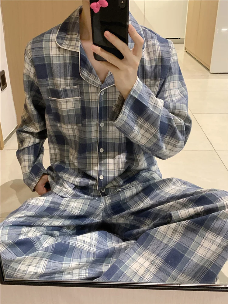 Lovers New Home Plaid Korean Winter Loose Long Sleeve Pajama Set Women Elegant Casual Comfortable Couple Sleepwear Simple Ins