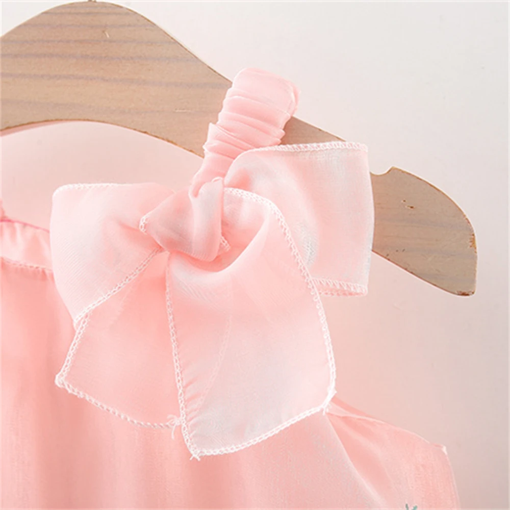 Summer Girl Baby Dress Girl Embroidered Flower Hem Tie up Bowtie Chiffon Suspended Princess Dress